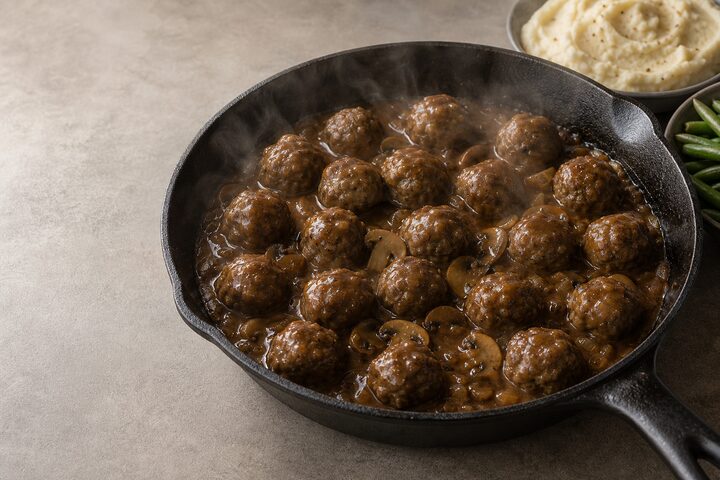 Round Salisbury steak meatballs in onion-mushroom gravy in a cast-iron skillet