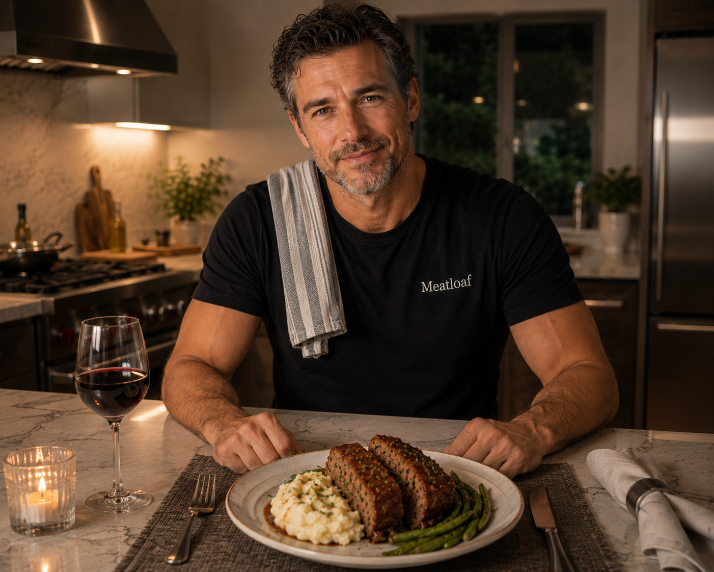 A composed meatloaf dinner served in a quiet kitchen