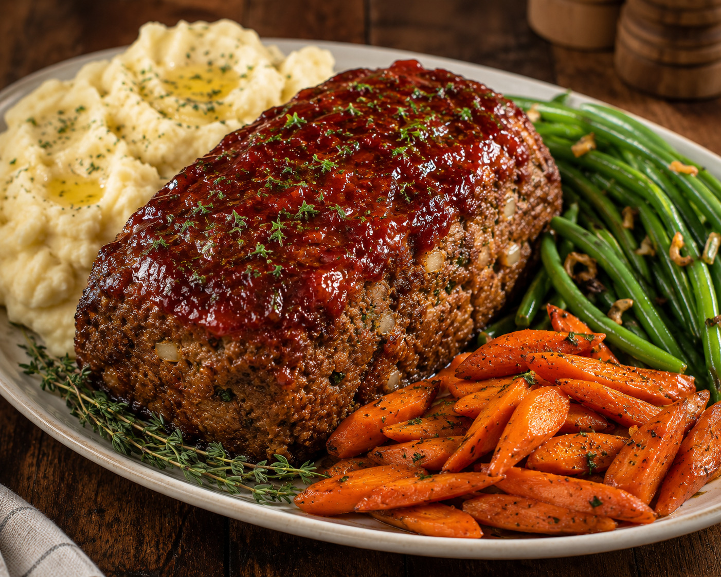 Glazed meatloaf served with potatoes and vegetables